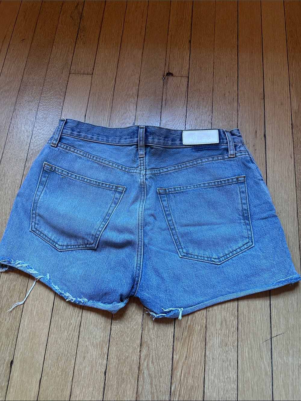 Re/Done Distressed Blue Denim Cutoff Shorts - Picture 3 of 5